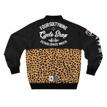 Load image into Gallery viewer, 469 Cycle Shop x XºInk Series Women's Leopard CYCLE SHOP TEAM Bomber Jacket